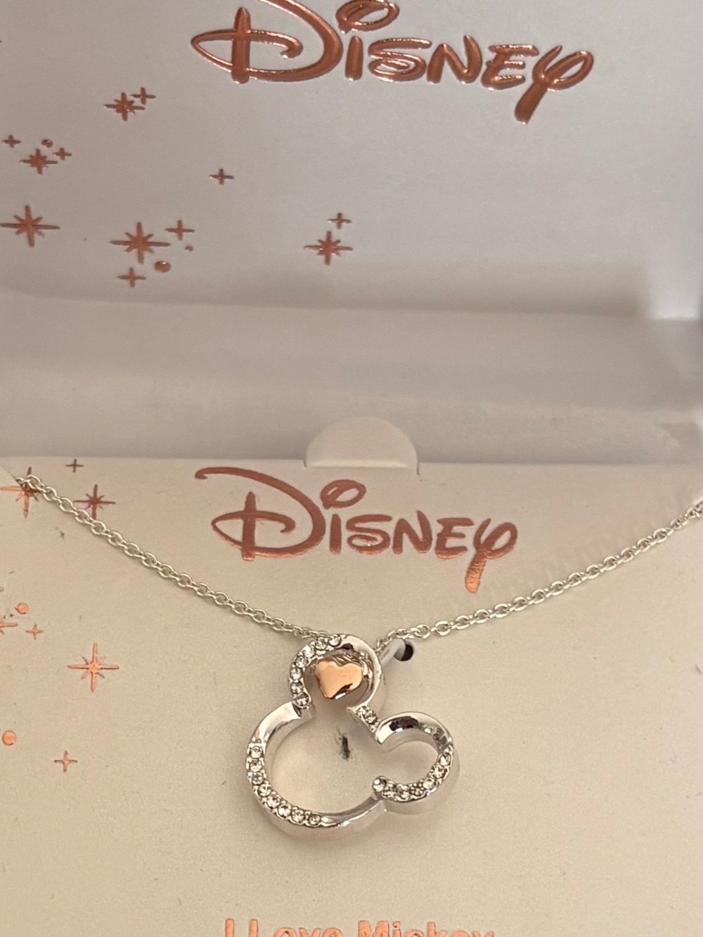 Disney Silver Minnie Mouse Necklace with Rose Gold Heart Mickey Pendant